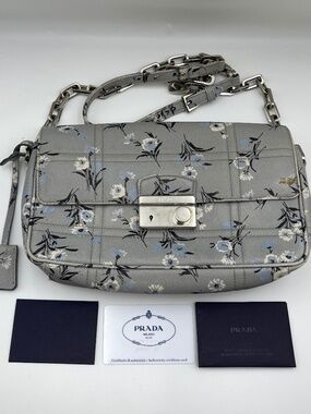 Prada Blue Gray Floral leather Saffiano Soft Shoulder Crossbody Chain Bag